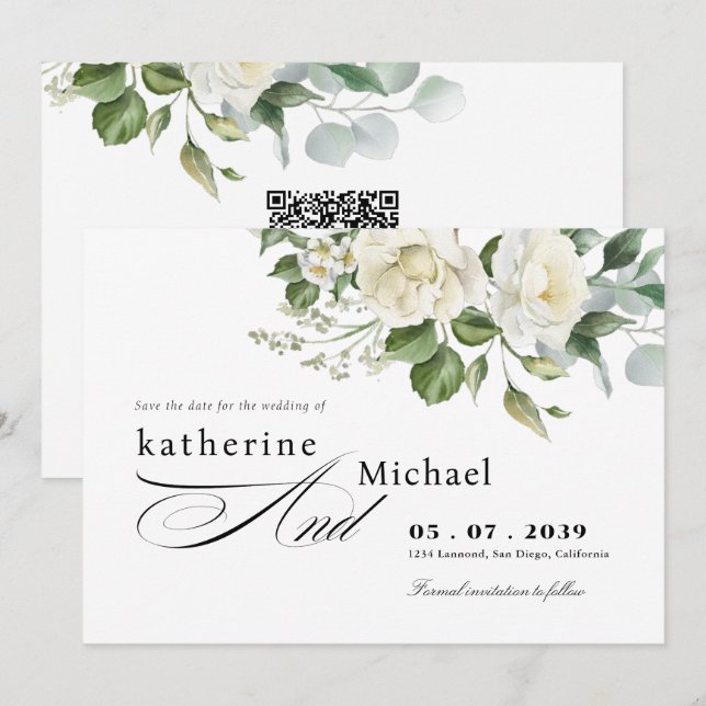 Save The Date CreamyFloral Eucalyptus Script Calligraphy Wedding (Devant / Derrière)