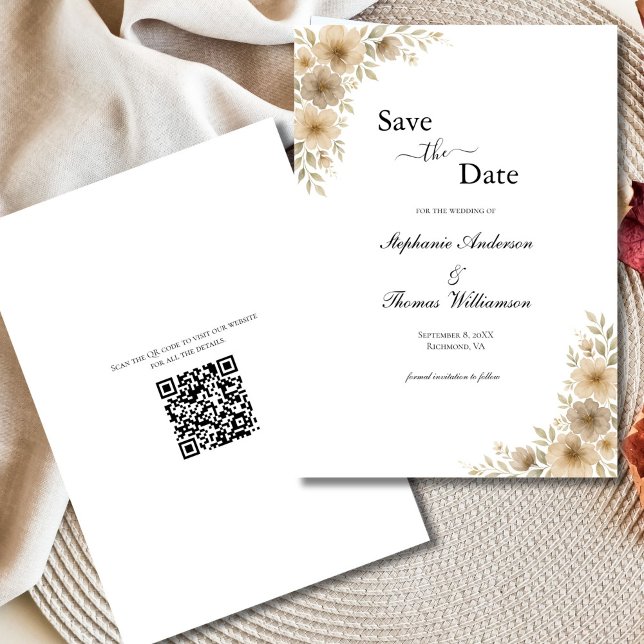 Save The Date Crème beige Gris Floral élégant Code QR moderne (Beige Cream Gray Watercolor Florals Neutral Boho Wedding Save the Date card QR Code on back)