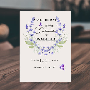 Save The Date Crème chic et lavande violet Quinceañera
