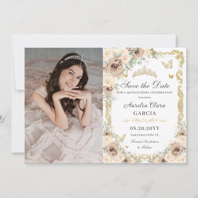 Save The Date Crème de champagne Floral Sweet 16 QUINCEAÑERA Pho (Devant)
