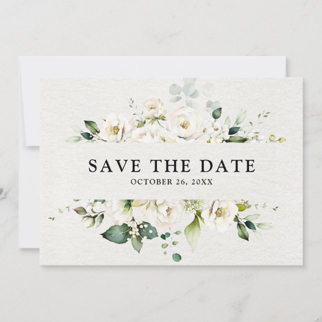 Save The Date Crème d'ivoire blanc Rose Floral Botanique Mariage (Devant)