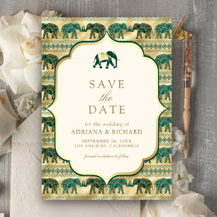 Save The Date Crème Émeraude Or Éléphant Photo de Mariage Indien
