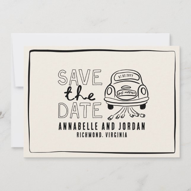 Save The Date Crème et noir whimsar dessiné à la main voiture (Devant)