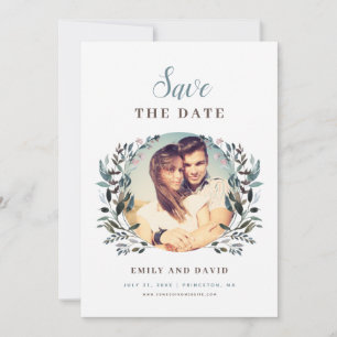 Save The Date Crest jardin Photo florale Mariage bleu blanc