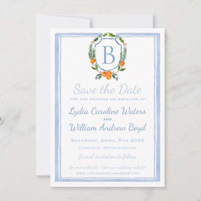 Save The Date Crête d'aquarelle de citrus, mariage chinoiserie (Devant)