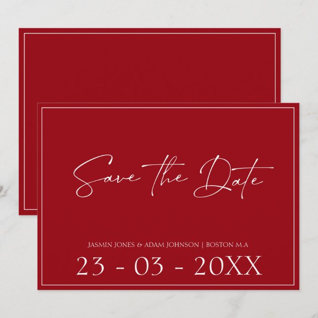 Save The Date Crimson Rouge minimal Mariage Script Enregistrer L (Devant / Derrière)