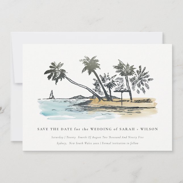 Save The Date Croquis aquarelle d'un palmier de plage tropicale  (Devant)