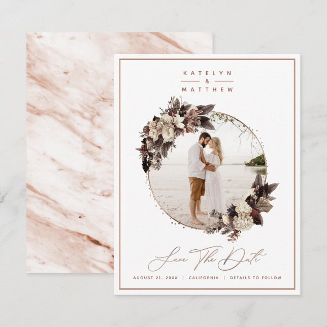 Save The Date Cuivre Floral Rustique encadré Photo & Calligraphi (Devant / Derrière)