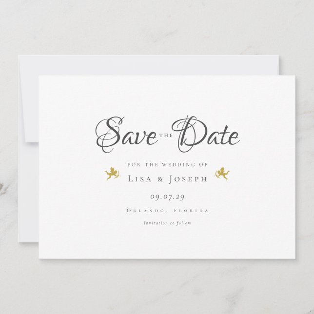 Save The Date Cupidons dorés écriture élégante (Devant)