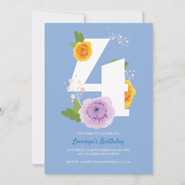 Save The Date Cute aquarelle Floral Enfants 4ème anniversaire (Devant)