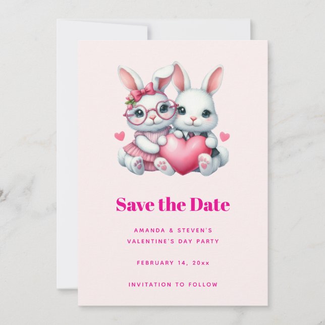 Save The Date Cute Bunnies Sharing a Heart Valentine's Party (Devant)