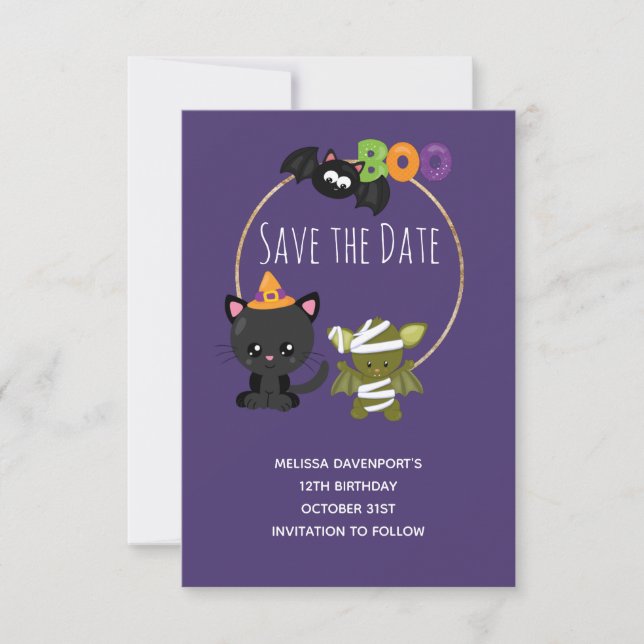 Save The Date Cute Halloween Anniversaire Chat, chauve-souris et (Devant)