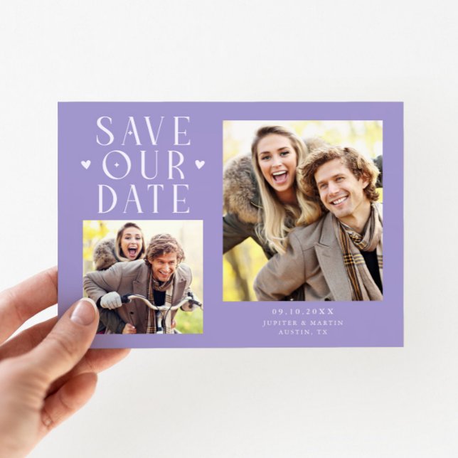 Save The Date Cute Hearts 2-Photo Lilac Wedding (Créateur téléchargé)