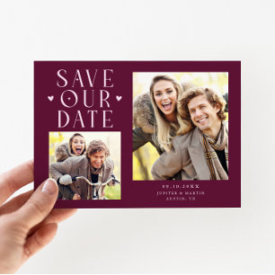 Save The Date Cute Hearts 2-Photo Mariage Cranberry