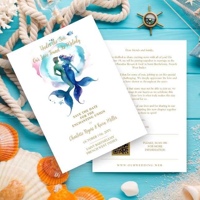 Save The Date Cute Magical Wedding Mermaid & Triton Romantic (Cute Magical Union Mermaid & Triton Romantic Save the Date Card with Envelope.)