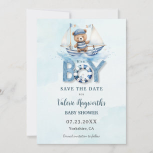 Save The Date Cute Nautical Blue Boat Teddy Bear Boat Baby showe