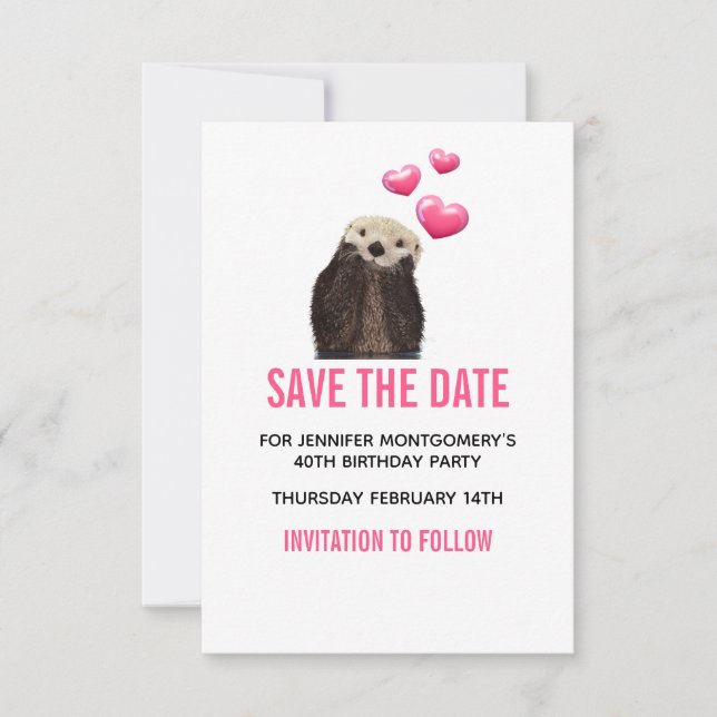Save The Date Cute Otter Wildlife avec Coeurs de Valentines (Devant)