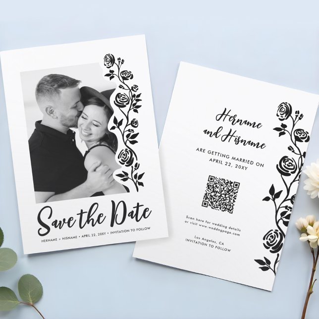 Save The Date Cute photo Noir Blanc Rose QR Code Site Web (Créateur téléchargé)