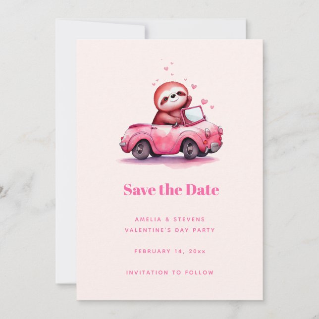 Save The Date Cute Sloth in a Pink Convertible (Devant)