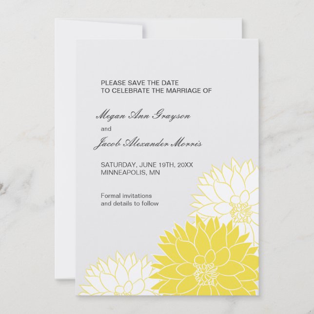 Save The Date Dahlia jaune sur Grey (Devant)