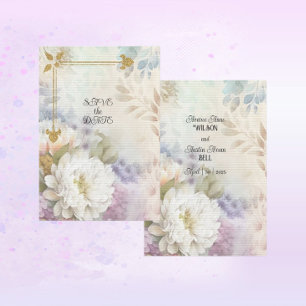 Save The Date Dahlias blancs avec accents pastel violet et bleu