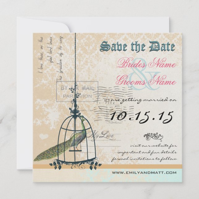 Save The Date Damask Peacock Bird Cage Wedding Enregistrer la da (Devant)