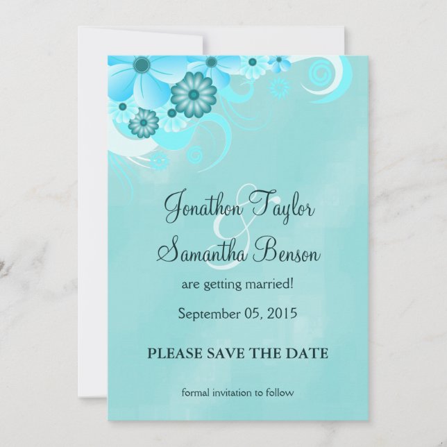 Save The Date Dark Aqua Blue Floral Enregistrer La Date Annonces (Devant)
