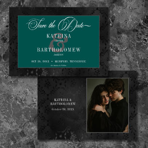 Save The Date Dark Gothique Noir Floral Satin Damask Photo Turqu