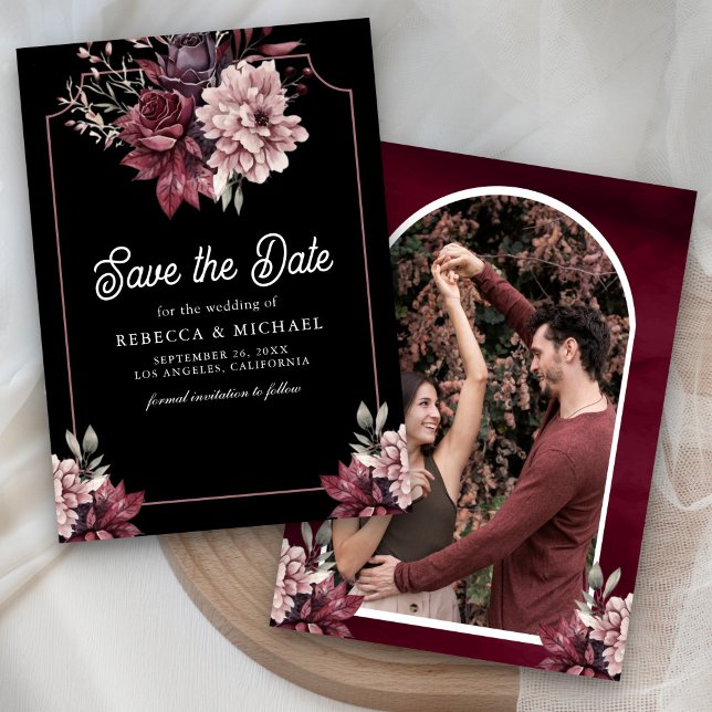 Save The Date Dark Moody Floral Frame Photo Black Mariage (Créateur téléchargé)