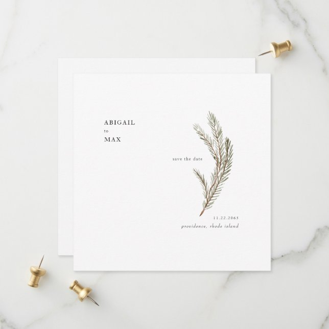 Save The Date Décembre Pine Foliage Carré Mariage Enregistrer la (Devant/Arrière en situation)