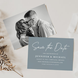 Save The Date Décontracté Script Dusty Blue Photo