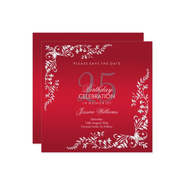 Save The Date Décoration rouge rubis 25e anniversaire (Devant/Arrière en situation)