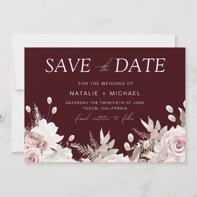 Save The Date Deep Burgundy Blush Boho Floral Wedding (Devant)