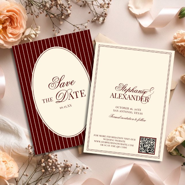 Save The Date Deep Burgundy Stripes Old Money Wedding QR Code (Créateur téléchargé)