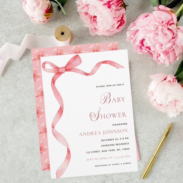 Save The Date Délicat rose Ruban Bow Baby shower moderne fille (Créateur téléchargé)
