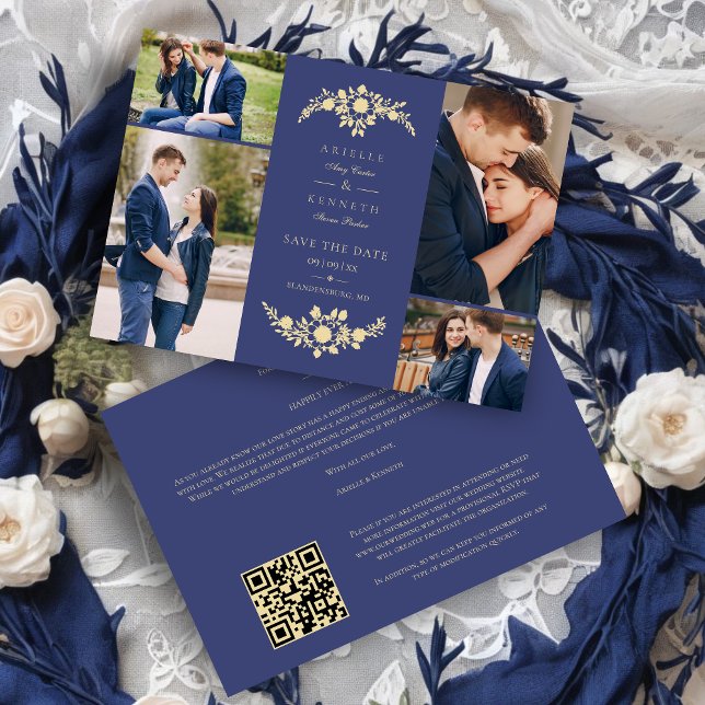 Save The Date Delicate Floral Navy Blue & Gold 4 Photos Collage (Delicate Floral Navy Blue & Gold 4 Photos Collage Save the Date)