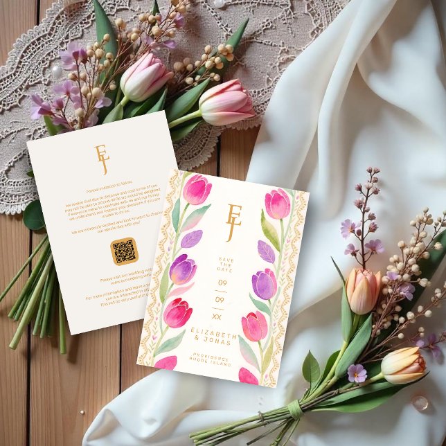 Save The Date Delicate Pink & Purple Tulips Border Wedding (Delicate Romantic Pink and Purple Tulips Border Wedding Save the Date Cards with Initials & QR Code.)