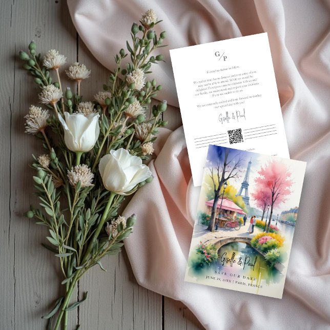 Save The Date Delicate Pink Romantic Paris Landscape Wedding (Delicate Pink Tones Romantic Paris Landscape with Couple Wedding Save the Date Card Design.)