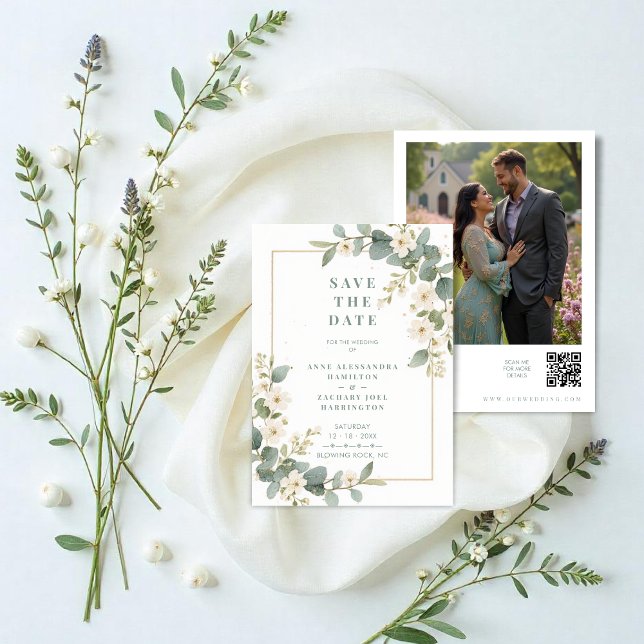 Save The Date Delicate Romantic Flowers and Branches Wedding (Delicate Romantic Flowers and Branches Frame Wedding Save the Date Cards with Back Photo and QR Code)