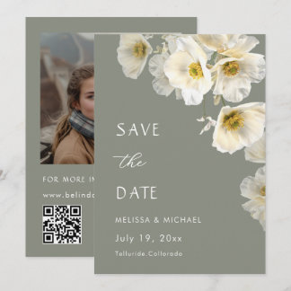 Save The Date Delicate White Flowers Sage Green Wedding