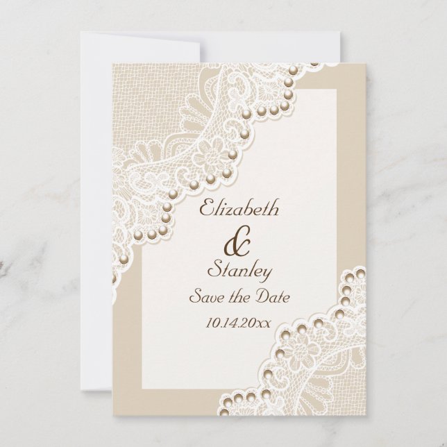 Save The Date Dentelle blanche avec mariage perles Enregistrer l (Devant)