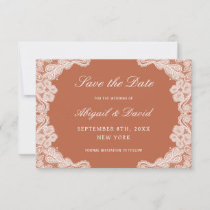 Save The Date Dentelle blanche sur mariage en terre cuite Enregi