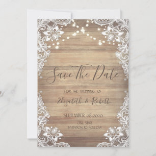 Save The Date Dentelle blanche, texture de bois, lumières Enregi