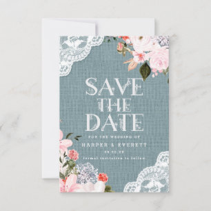 Save The Date Dentelle de Burlap bleu rustique et Mariage floral
