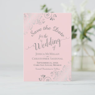 Save The Date Dentelle grise argentée élégante sur rose blush po