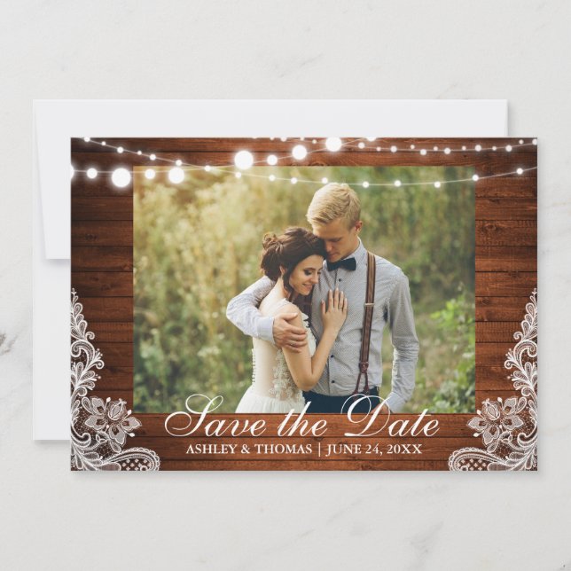 Save The Date Dentelle rustique Mariage en bois Économisez la da (Devant)