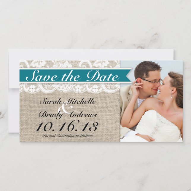 Save The Date Dentelles et Burlap Look Enregistrer la date -Turq (Devant)