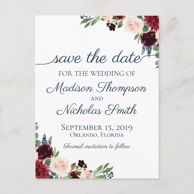 Save the Date der Marine und der Marsala Floral Postkarte (Vorderseite)