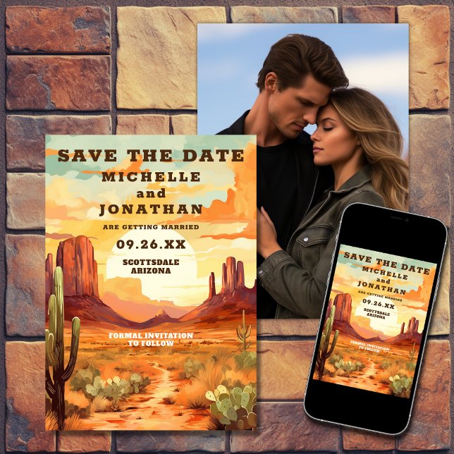 Save The Date Desert Sunset, Cactus Southwestern Photo Mariage (Printed and Digital - Desert Sunset, Cactus Southwestern Photo Wedding Save The Date)