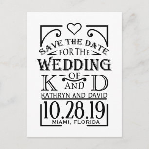 Save the Date Design mit kreativen Schriften. Ankündigungspostkarte